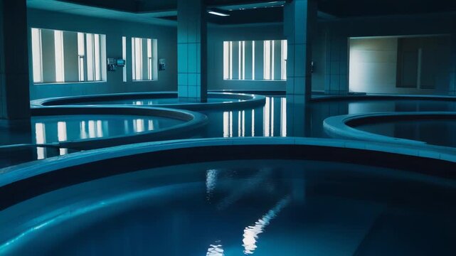 Serene indoor pool presenting curved basins filled with clear teal water reflecting vertical window lights within a modern, dimly lit architectural space
