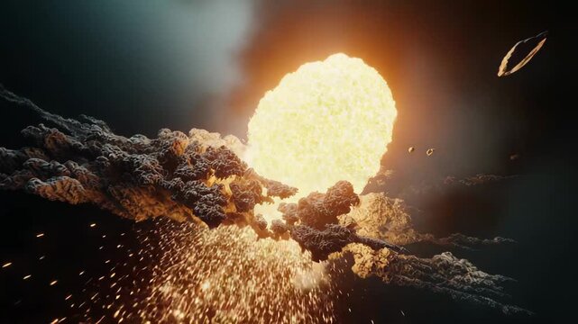 Powerful cosmic explosion radiating bright light and sending celestial debris through the dark universe, illustrating immense energy release and galactic transformation
