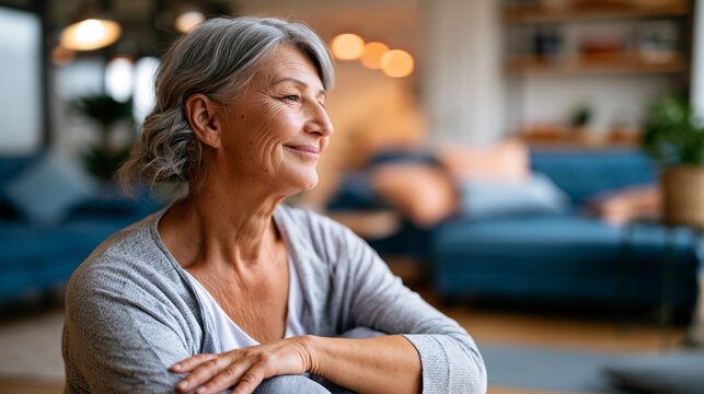 senior woman in activewear seated on a yoga mat in a bright home interior, face turned in a natural yoga head movement not showing identifying features, smiling expression