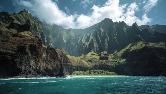Dramatic Na Pali Coast Cliffs Overlooking Tropical Beach and Ocean.