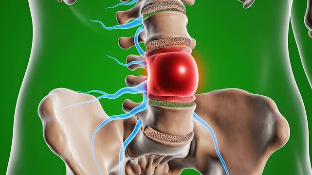 3D Illustration of Human Spine Anatomy Focusing on Vertebral Disc and Spinal Nerves with Green Background for Medical and Educational Use