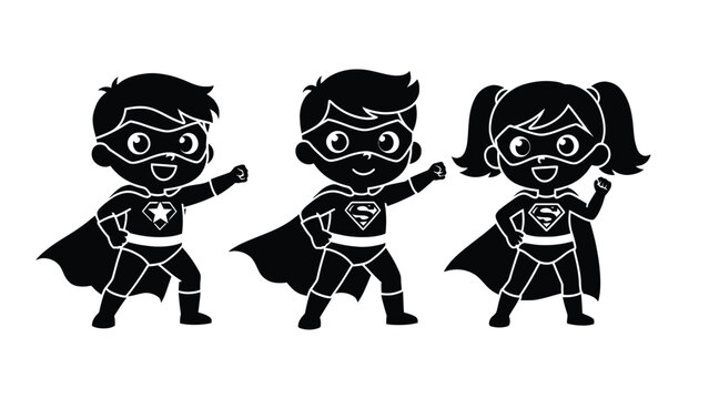 Three adorable cartoon children dressed as superheroes in black silhouette