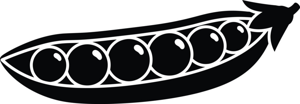 Black silhouette illustration of an open pea pod with round peas inside