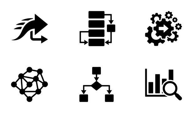Business Process Icons Set: Workflow, Data Analysis, Network, Gears, Strategy, Progress Arrows