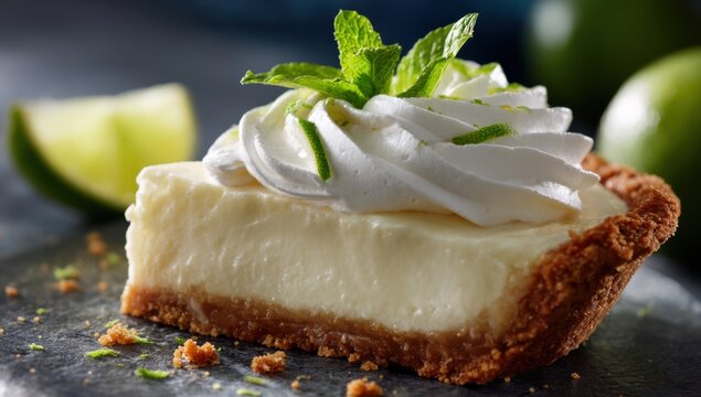 Delicious Slice of Key Lime Pie with Whipped Cream and Mint Garnish.