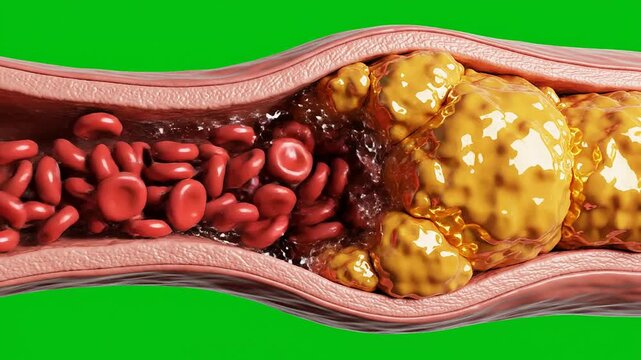 3D Medical Illustration of Blood Vessel Showing Cholesterol Plaque Buildup with Red Blood Cells on Green Screen Background