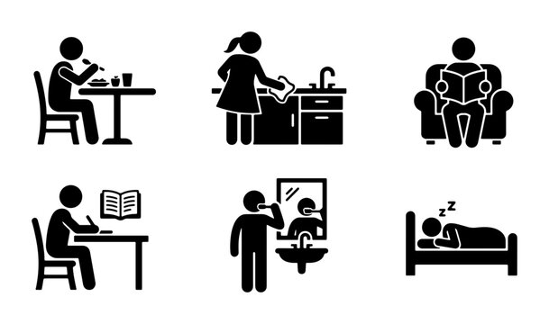 Daily Routine Icons Set: Eating, Cleaning, Reading, Studying, Brushing Teeth, Sleeping, Vector Graphics for Lifestyle and Activities