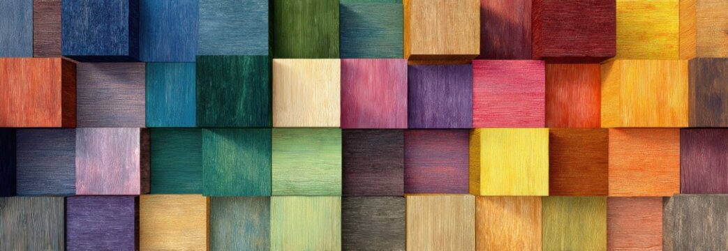 Abstract Geometric Pattern of Colorful Wooden Cubes with Textured Surfaces.