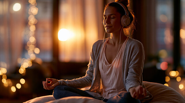 yogi seated comfortably in meditation pose on a soft cushion at home, wearing lightweight wireless headphones, face relaxed and turned slightly downward, the warm amber light of a