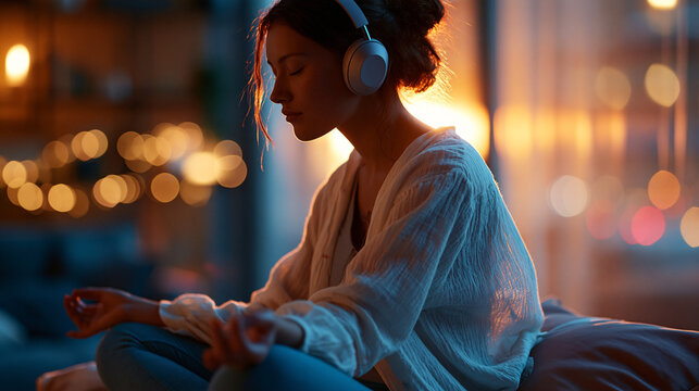 yogi seated comfortably in meditation pose on a soft cushion at home, wearing lightweight wireless headphones, face relaxed and turned slightly downward, the warm amber light of a