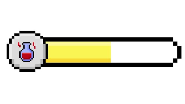 Retro pixel art game progress bar UI with a dynamic yellow fill and shaking red potion flask icon for player status