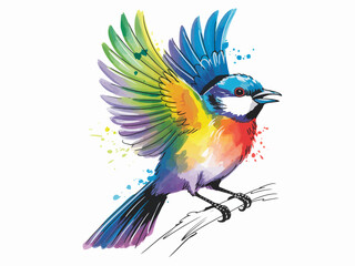 Vibrant Watercolor Bird Silhouette Illustration - Colorful Paint Splatter Artwork of a Songbird Perched on a Branch © Liton