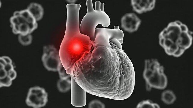 3D Medical Visualization of Human Heart Anatomy Highlighting Health Condition Against Cellular Background