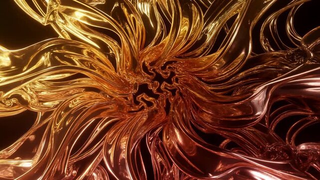Slow motion tracking zoom of molten metal swirl expanding and twisting into abstract gold copper sculpture on dark studio background