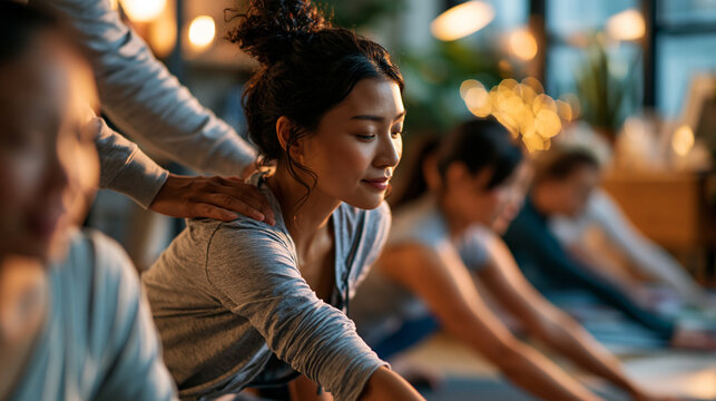 Group of  young Asian women on mats in a bright home workout space, a personal trainer visible from behind guiding one woman's alignment, all faces turned away or obscured in