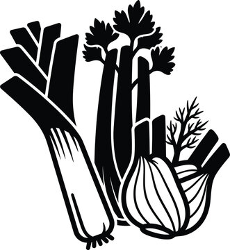 Assortment of fresh leek celery fennel vegetable silhouette icon aromatic