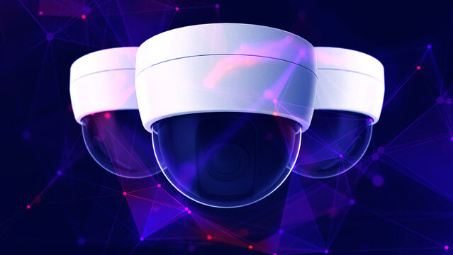 Security camera, overlayed with digital plexus network. Survelliance concept.