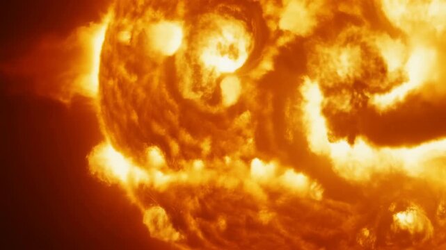 Tracking shot of solar surface plasma swirling and erupting with magnetic loops in sun corona observed from space in slow motion