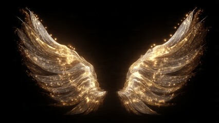 Fototapeta premium Symmetrical ethereal fantasy wings shimmering with luminous gold dust and light trails on a dark backdrop