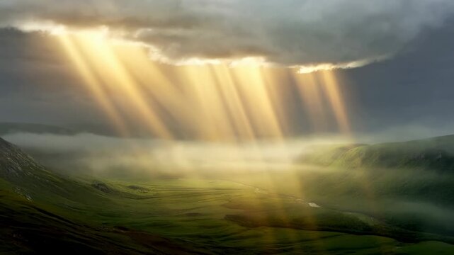 Time lapse aerial reveal of sunbeams piercing storm clouds and lighting green valley with misty hills at dawn in remote highland countryside