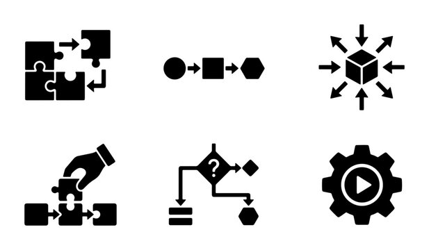 Process Flow Icons: Puzzle Assembly, Algorithm Steps, Data Input, Decision Tree, Workflow Gear, Project Management Elements