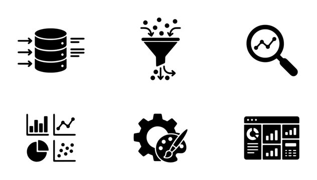 Data Analysis Icons Set, Business Analytics Vector Graphics, Digital Information Processing Symbols, Database Management and Research Tools