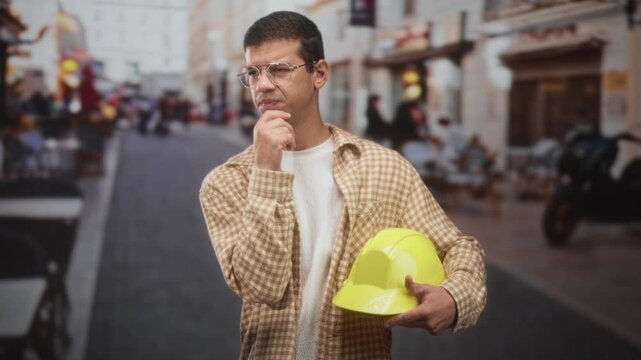 Man construction worker wearing checked shirt and glasses holding yellow hardhat and touching chin in a busy street; thoughtful planning.