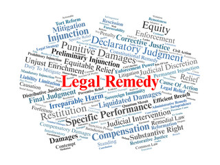 Obraz premium Legal Remedy Word Cloud. A visual overview of court-ordered relief including damages, injunctions, and equitable solutions designed to restore rights and address legal wrongs.