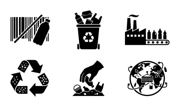 Recycling Icons Set, Eco-Friendly Waste Management Symbols, Plastic Bottle Disposal Graphics, Industrial Pollution Icons, Earth Protection Vector Collection
