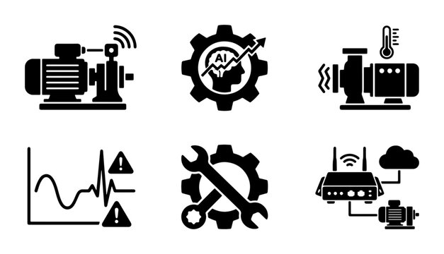 Industrial Automation Icons: Smart Pump Monitoring, AI Analytics, IoT Connectivity, Maintenance Tools, Data Charts, and Temperature Sensors