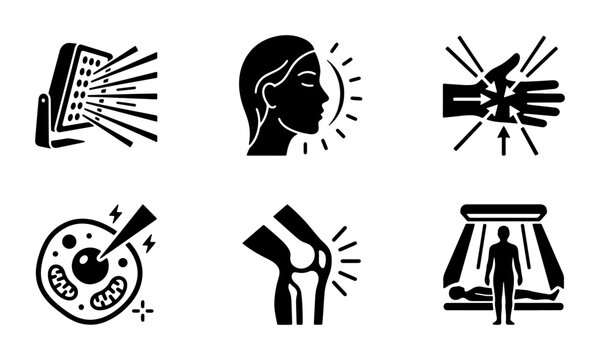 Medical Therapy Icons: Light Therapy, Cell Treatment, Joint Pain Relief, Human Body Scan, Facial Rejuvenation, Hand Injury Treatment
