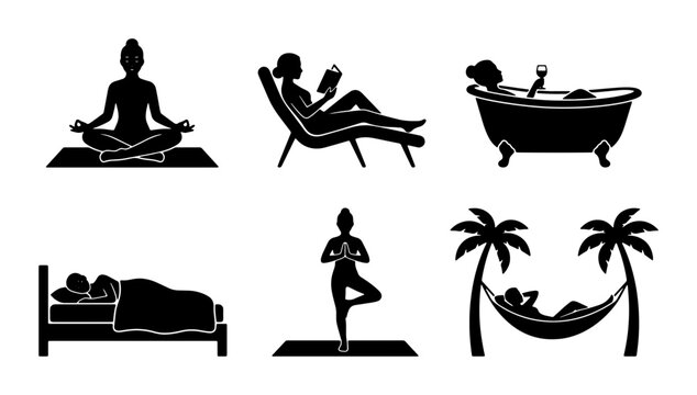 Relaxation Icons Set, Wellness Activities, Leisure Lifestyle, Self-Care Vector Graphics, Calm Moments Collection