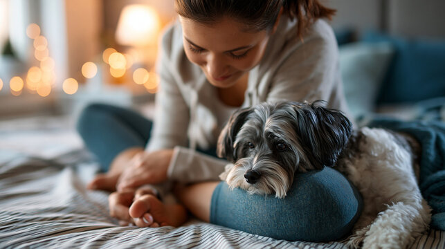 young woman in activewear performing a dog-friendly yoga pose with a small dog playfully nearby on the bed, face not visible in the natural flow of the pose, warm soft bedroom