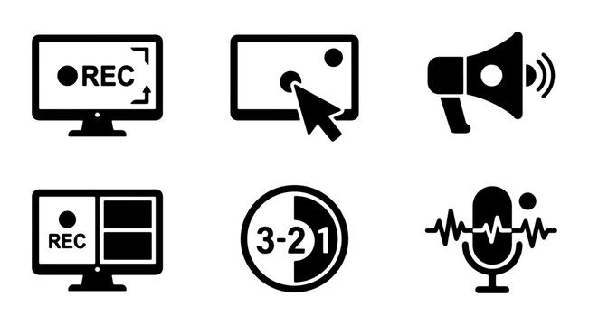 Video Recording and Audio Playback Icons: Screen Capture, Megaphone, Countdown Timer, Microphone Waveform, and Multi-Screen Display, Black and White Vector Set for Media Production and