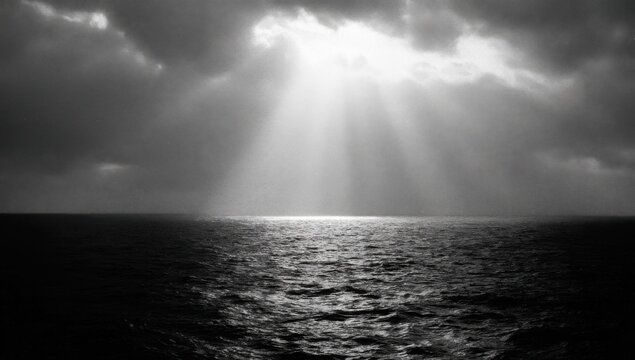 Dramatic Sunbeams Pierce Stormy Clouds Over Dark Ocean Surface.