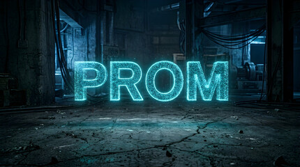 Naklejka premium Neon prom sign glowing in abandoned industrial building at night