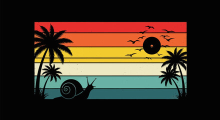 Retro sunset scene with snail and palm trees © BIGO