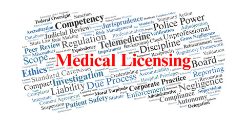 Fototapeta premium Medical Licensing Word Cloud. A visual summary of terms related to medical board authority, physician credentials, disciplinary due process, and the legal standards of clinical practice.