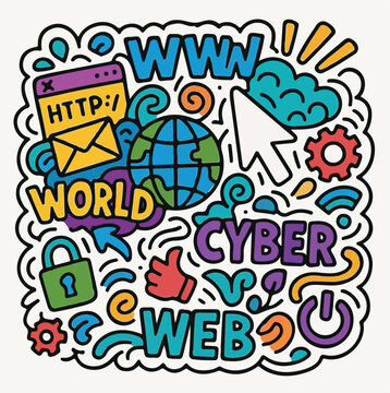 Colorful hand drawn illustration featuring various internet symbols and global web elements in a creative doodle style graphic art piece