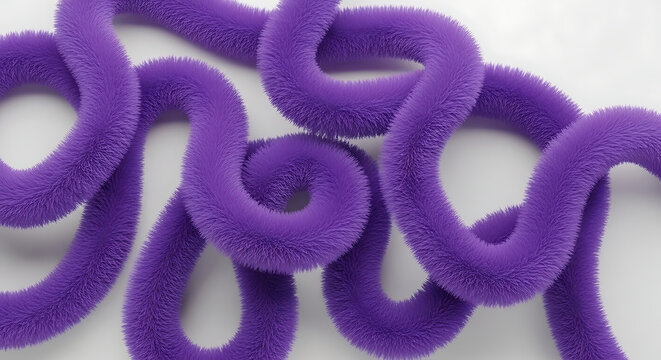 Abstract 3D Render of Purple Furry Winding Shapes on White Background Soft Fuzzy Textured Organic Tubes and Intertwined Wormlike Curves for Modern Minimalist Design
