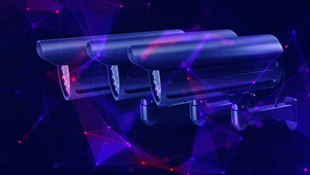 Security camera, overlayed with digital plexus network. Survelliance concept.