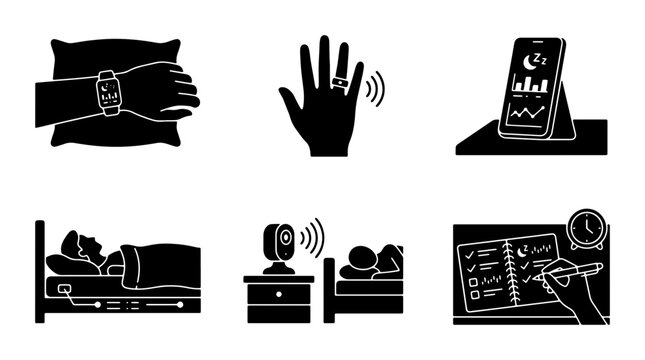 Sleep Tracking Technology Icons, Smartwatch Sleep Monitoring, Bedside Device Data Analysis, Digital Health & Wellness Vector Set