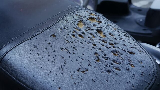Closeup worn deteriorated motorcycle seat with cracked torn black vinyl exposing orange foam decay texture urban abandoned
