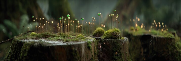 Fototapeta premium Enchanted Forest Floor with Glowing Mushrooms on Mossy Tree Stumps.