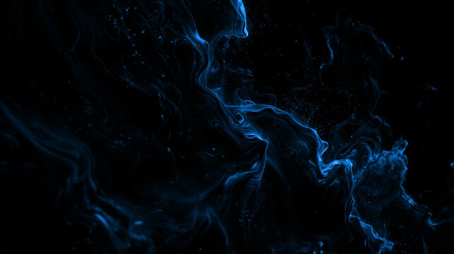 Blue smoke waves flowing on a dark black background
