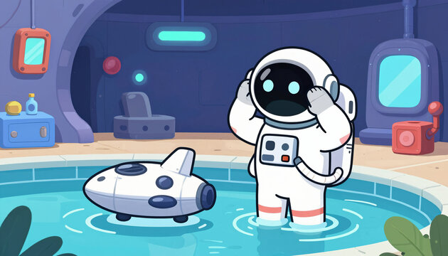 Astronaut betrachtet verwundert ein kleines Raumschiff im Wasserbecken