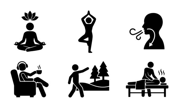 Mindfulness Icons Set: Meditation, Yoga, Breathing, Relaxation, Nature Walk, Massage, Wellness Vector Graphics