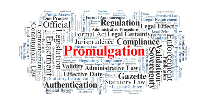 Promulgation Word Cloud. A visual summary of the formal processes, statutory validation, and public notice requirements essential for laws to gain binding authority and legal force.