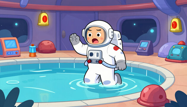 Astronaut steht &uuml;berrascht in einem futuristischen Indoor-Pool