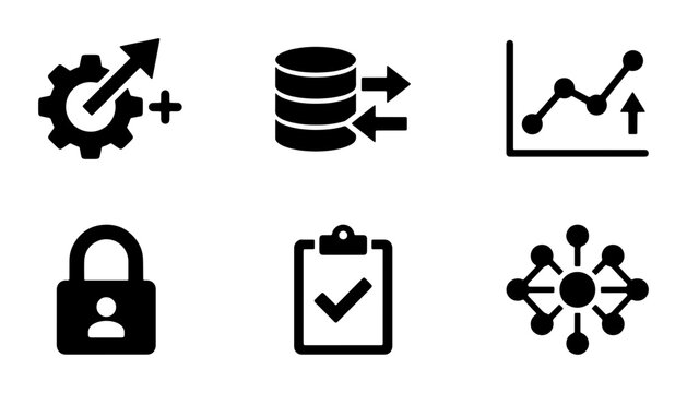Business Analytics Icons Set: Growth, Data Transfer, Performance Chart, Security, Checklist, Network Connections